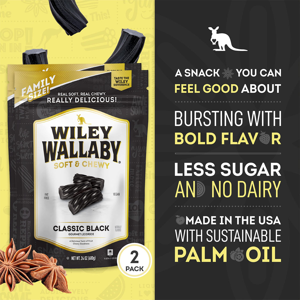 Wiley Wallaby Licorice 24oz – Classic Gourmet Soft Australian Black Licorice Twists, 2 Pack