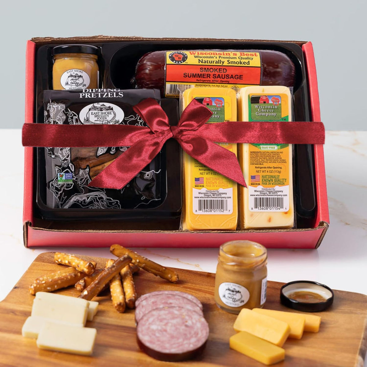 Wisconsin Cheese Company Classic Holiday Snack Gift Box – Cheddar, Pepper Jack, Sausage, Pretzels & Mustard