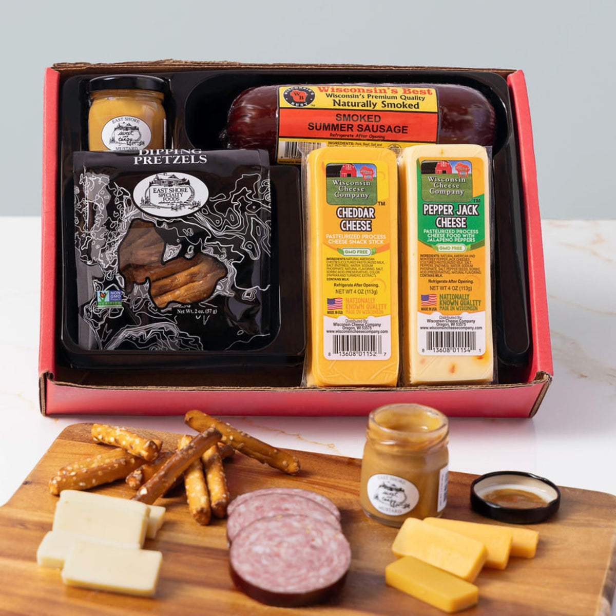 Wisconsin Cheese Company Classic Holiday Snack Gift Box – Cheddar, Pepper Jack, Sausage, Pretzels & Mustard