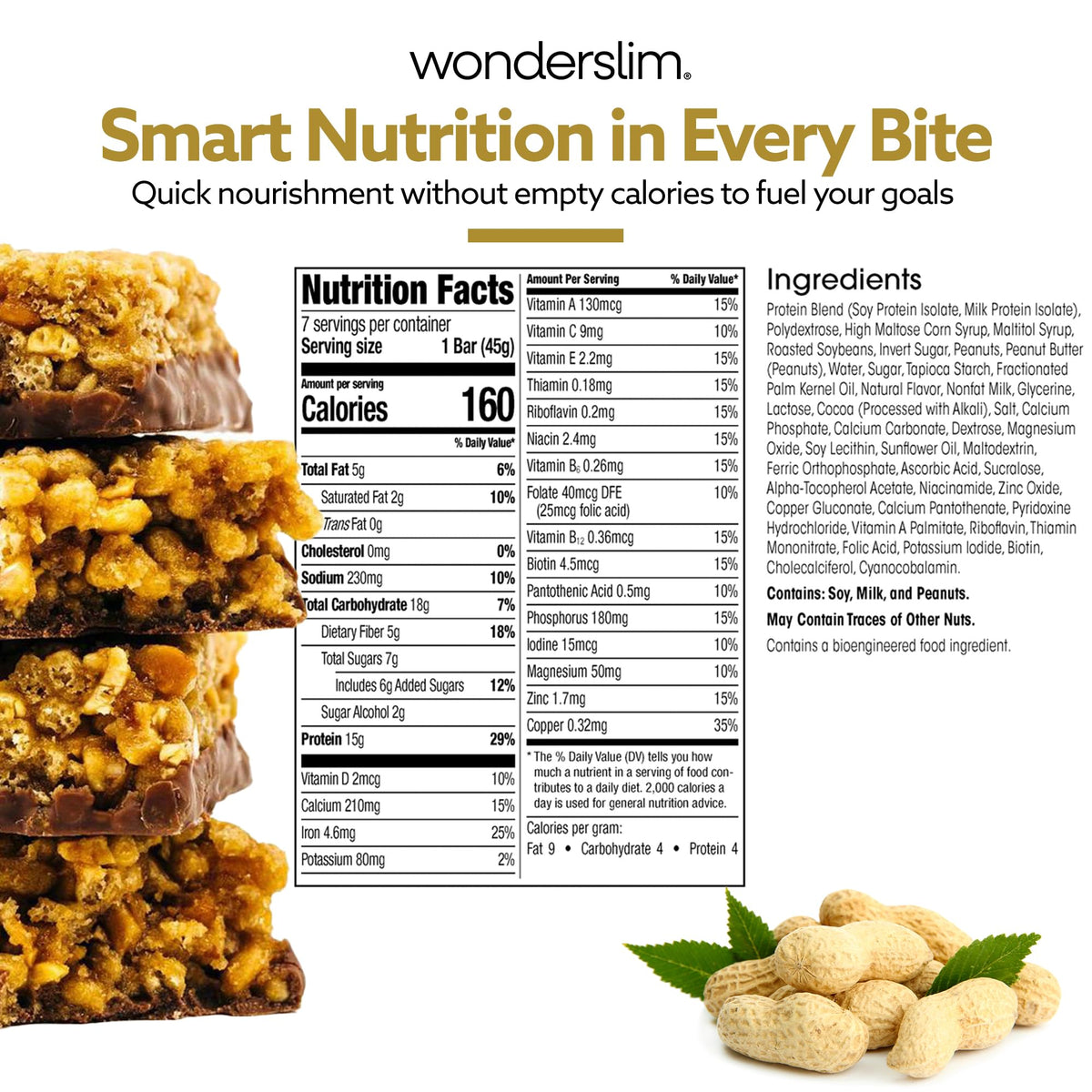 WonderSlim Meal Replacement Bar – Peanut, 15g Protein, 20 Vitamins & Minerals, Gluten Free (7ct)