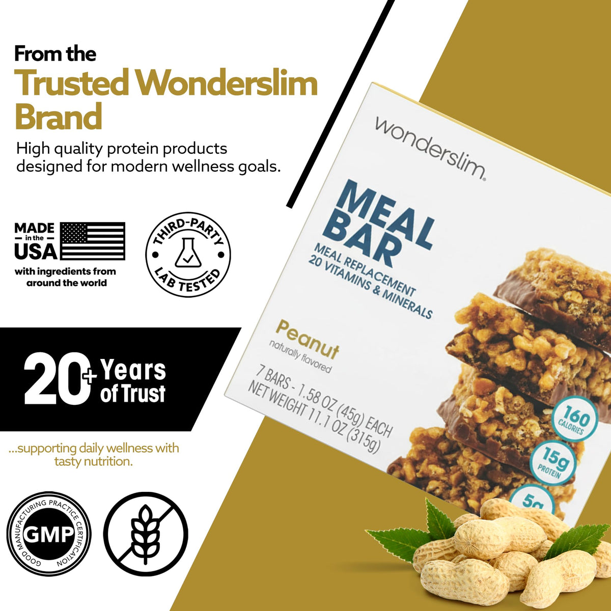 WonderSlim Meal Replacement Bar – Peanut, 15g Protein, 20 Vitamins & Minerals, Gluten Free (7ct)