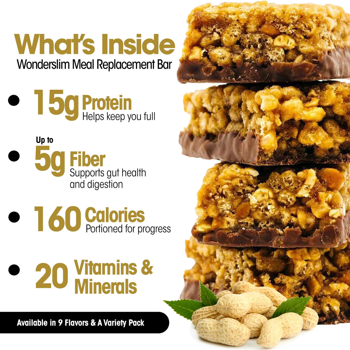 WonderSlim Meal Replacement Bar – Peanut, 15g Protein, 20 Vitamins & Minerals, Gluten Free (7ct)