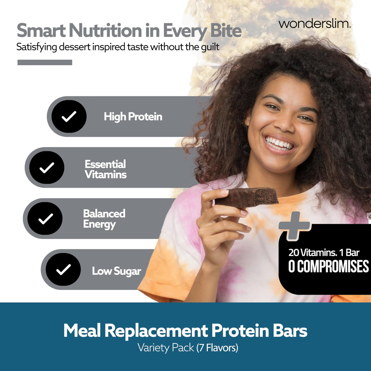 WonderSlim Meal Replacement Bar Variety Pack – 15g Protein, 20 Vitamins & Minerals (7ct)