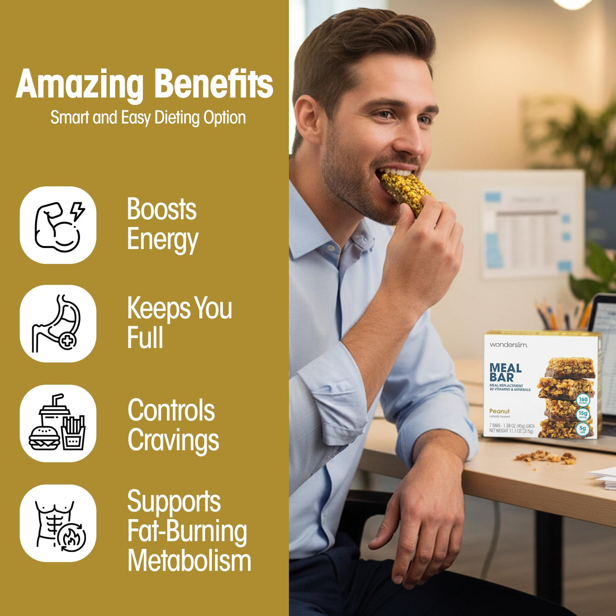 WonderSlim Meal Replacement Bar – Peanut, 15g Protein, 20 Vitamins & Minerals, Gluten Free (7ct)