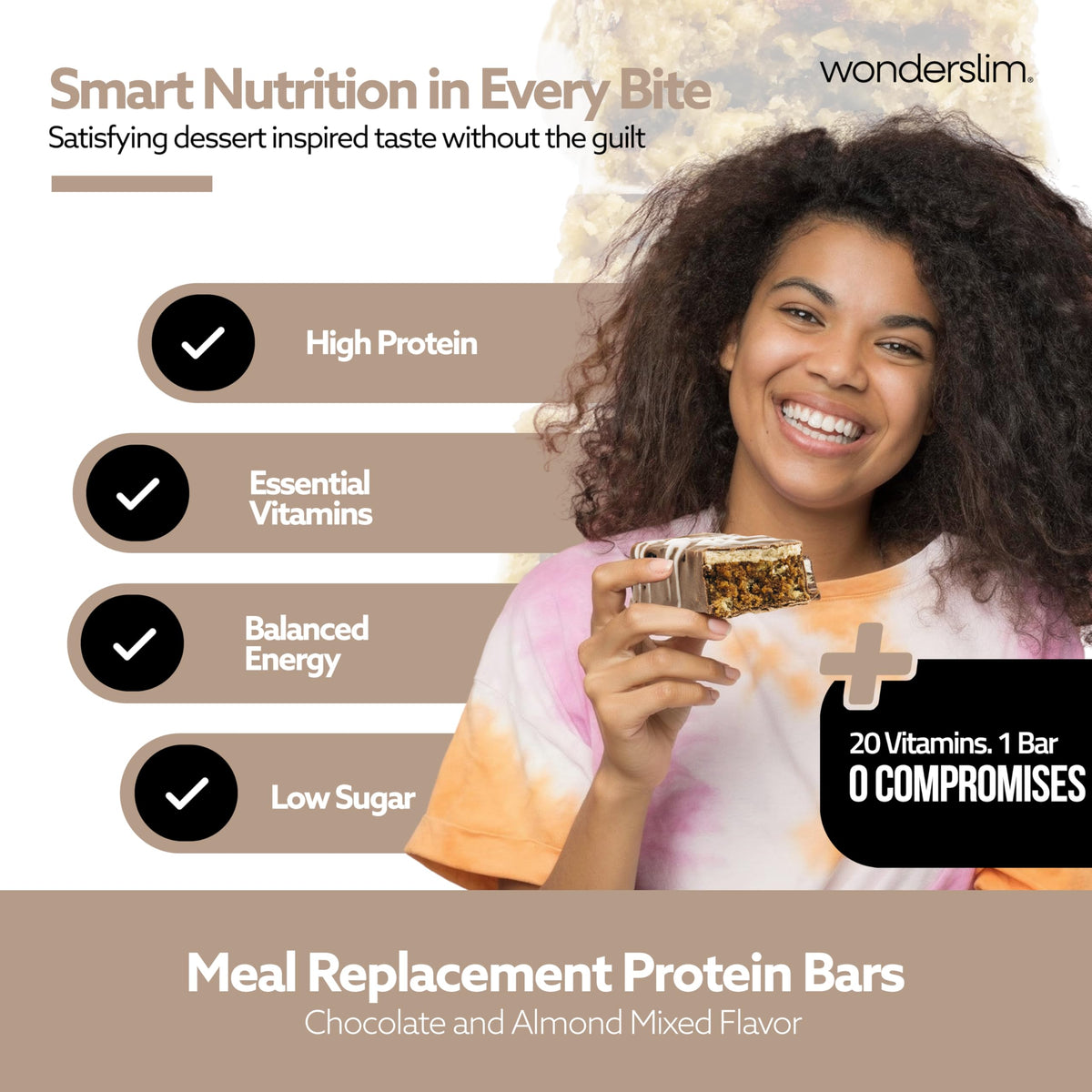WonderSlim Meal Replacement Bar, Chocolate Almond - 15g Protein & 20 Vitamins (7ct)