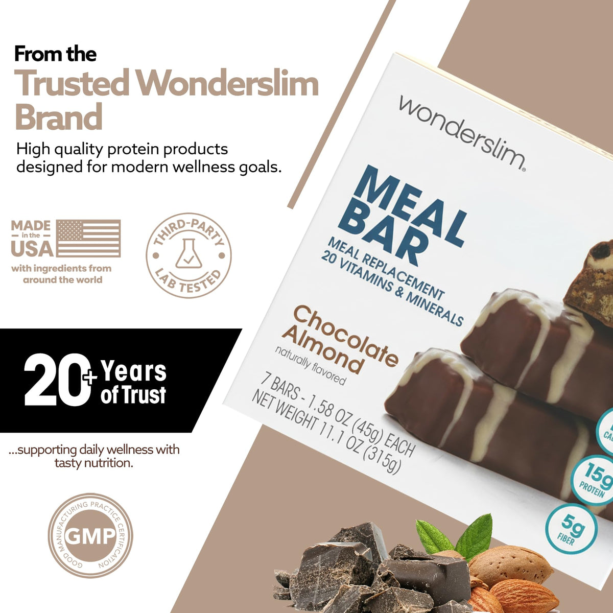 WonderSlim Meal Replacement Bar, Chocolate Almond - 15g Protein & 20 Vitamins (7ct)