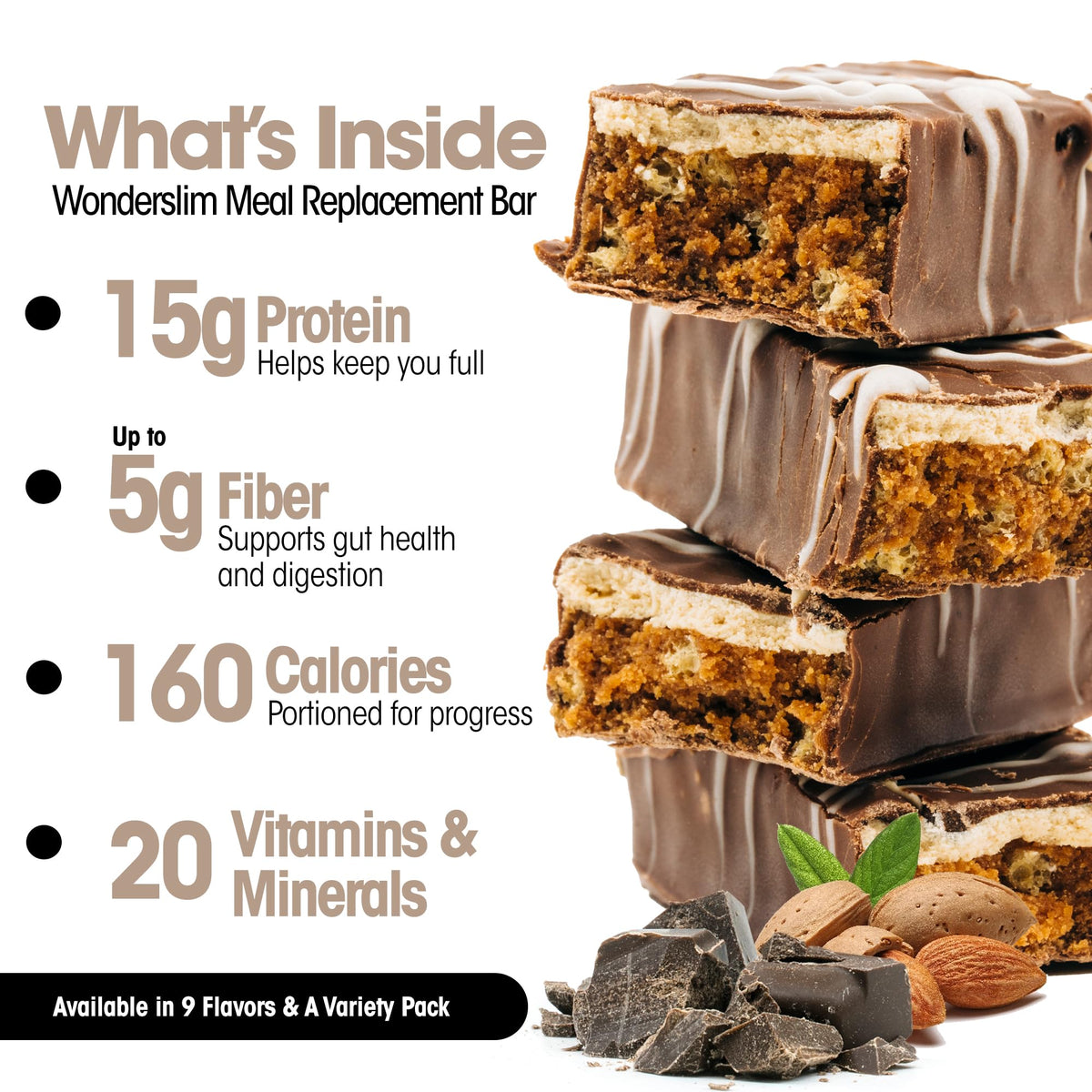 WonderSlim Meal Replacement Bar, Chocolate Almond - 15g Protein & 20 Vitamins (7ct)