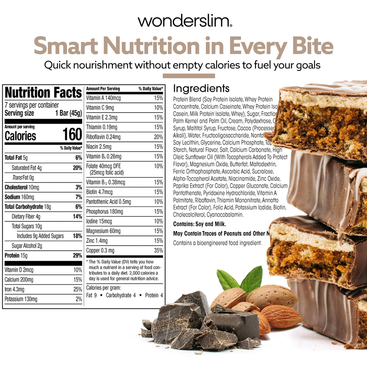 WonderSlim Meal Replacement Bar, Chocolate Almond - 15g Protein & 20 Vitamins (7ct)