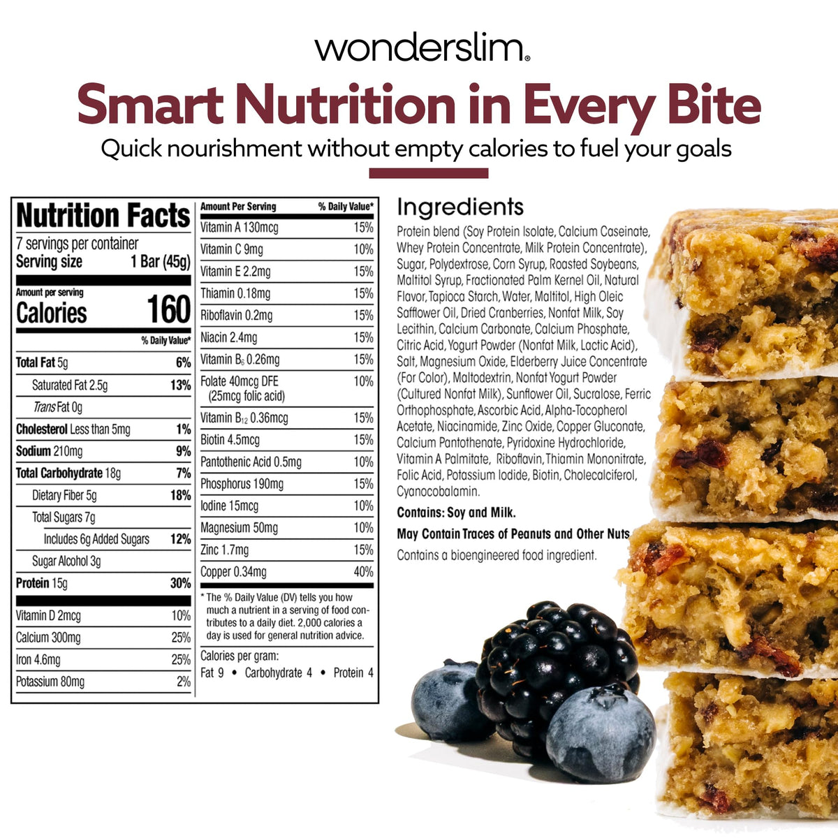 WonderSlim Double Berry Meal Replacement Bar – 15g Protein, Gluten Free, 7 Count