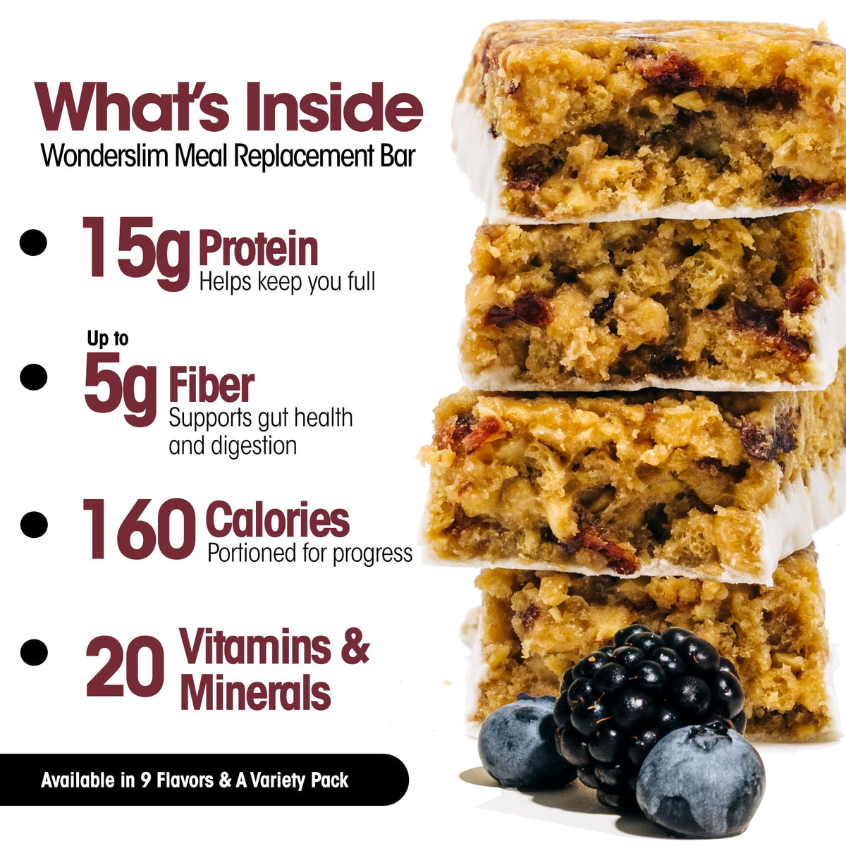 WonderSlim Double Berry Meal Replacement Bar – 15g Protein, Gluten Free, 7 Count