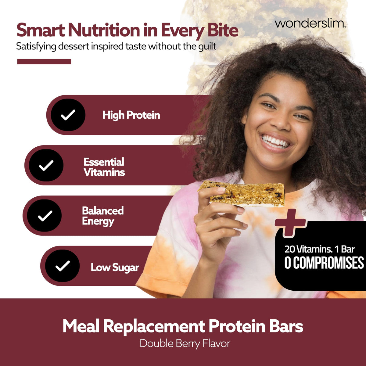 WonderSlim Double Berry Meal Replacement Bar – 15g Protein, Gluten Free, 7 Count
