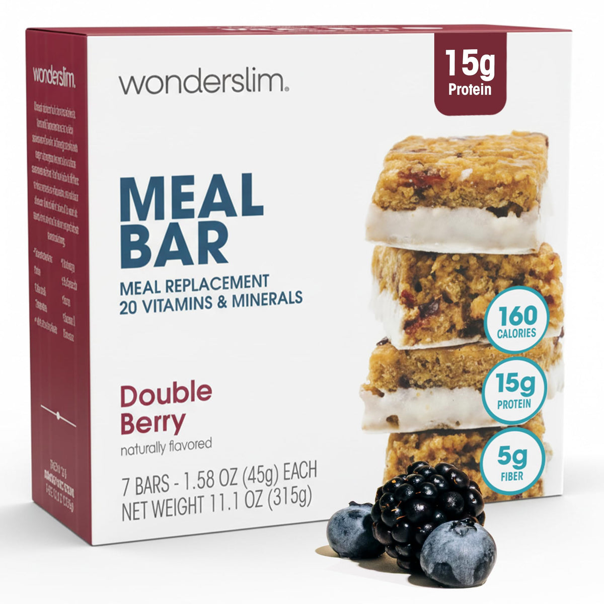 WonderSlim Double Berry Meal Replacement Bar – 15g Protein, Gluten Free, 7 Count