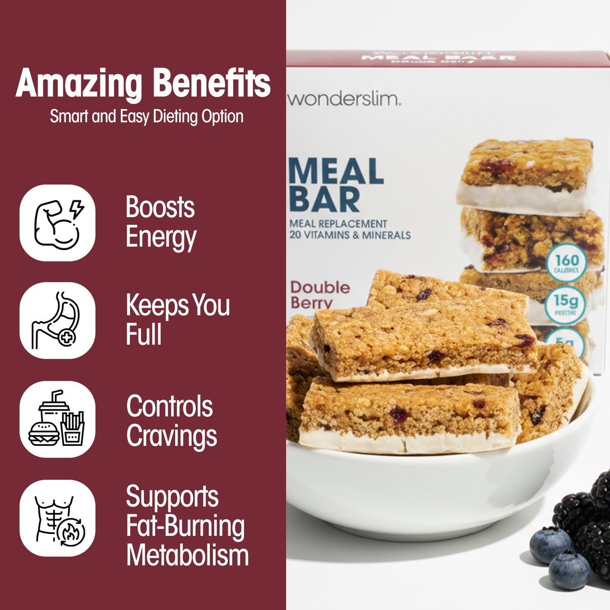WonderSlim Double Berry Meal Replacement Bar – 15g Protein, Gluten Free, 7 Count