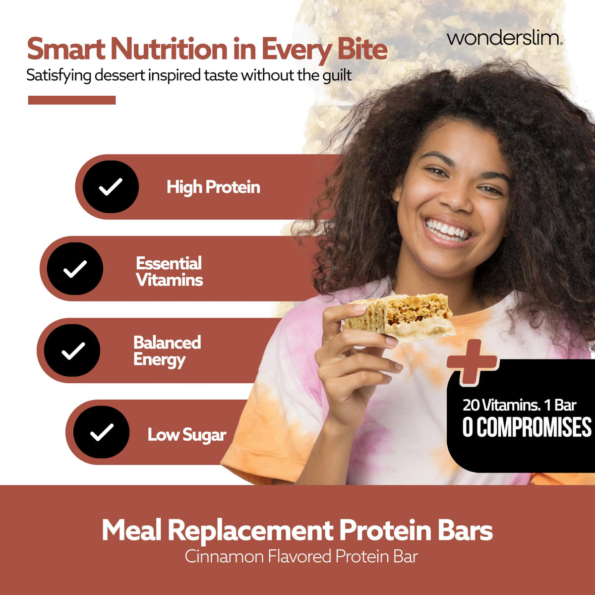 WonderSlim Cinnamon Meal Replacement Protein Bar – 15g Protein, Gluten Free (7ct)