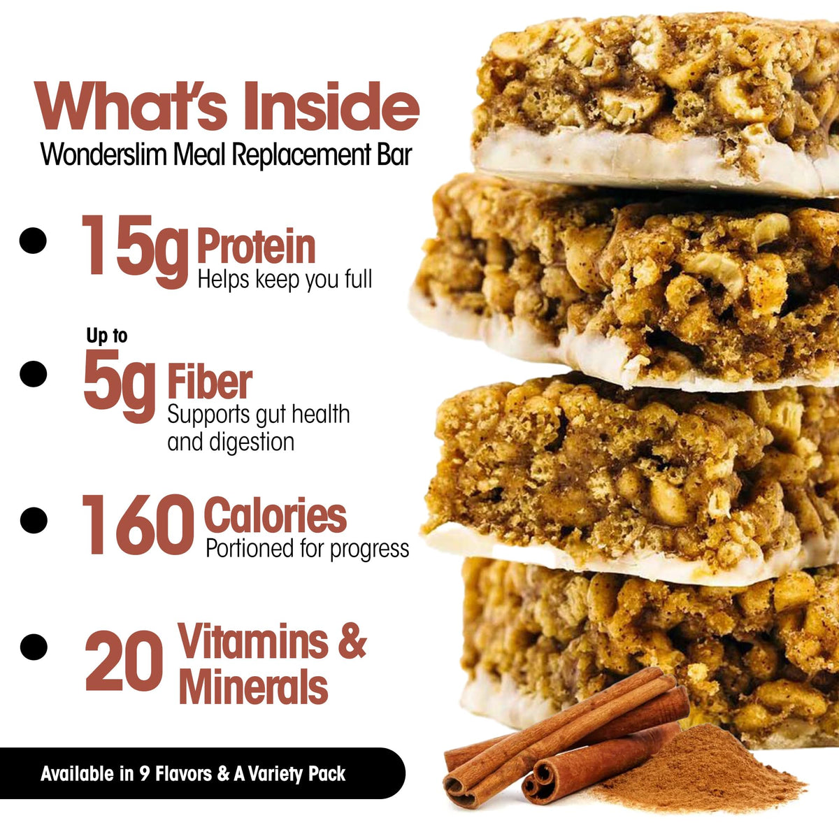 WonderSlim Cinnamon Meal Replacement Protein Bar – 15g Protein, Gluten Free (7ct)