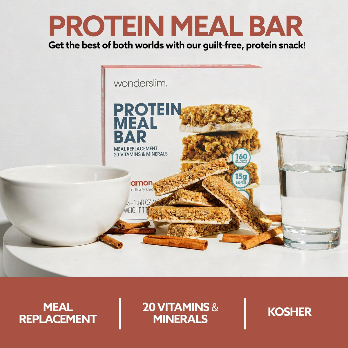 WonderSlim Cinnamon Meal Replacement Protein Bar – 15g Protein, Gluten Free (7ct)