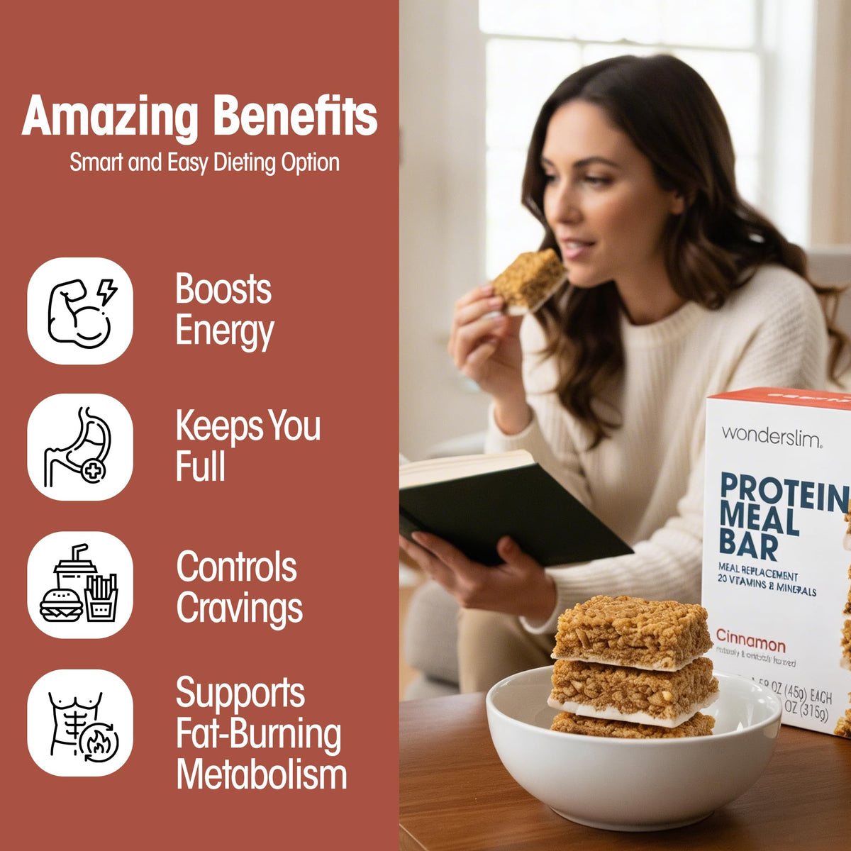 WonderSlim Cinnamon Meal Replacement Protein Bar – 15g Protein, Gluten Free (7ct)