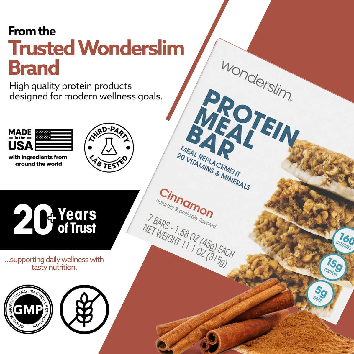 WonderSlim Cinnamon Meal Replacement Protein Bar – 15g Protein, Gluten Free (7ct)