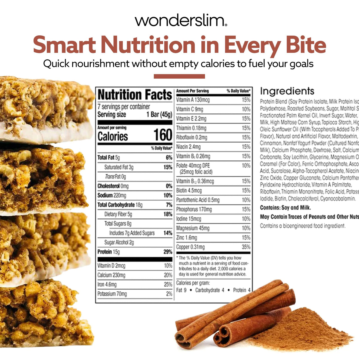WonderSlim Cinnamon Meal Replacement Protein Bar – 15g Protein, Gluten Free (7ct)