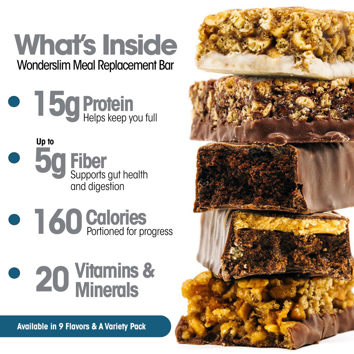 WonderSlim Meal Replacement Bar Variety Pack – 15g Protein, 20 Vitamins & Minerals (7ct)