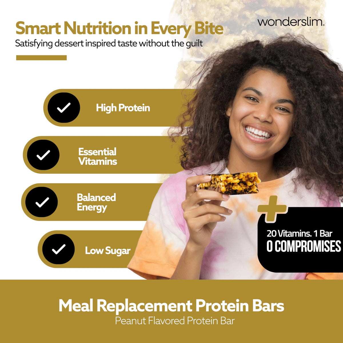 WonderSlim Meal Replacement Bar – Peanut, 15g Protein, 20 Vitamins & Minerals, Gluten Free (7ct)
