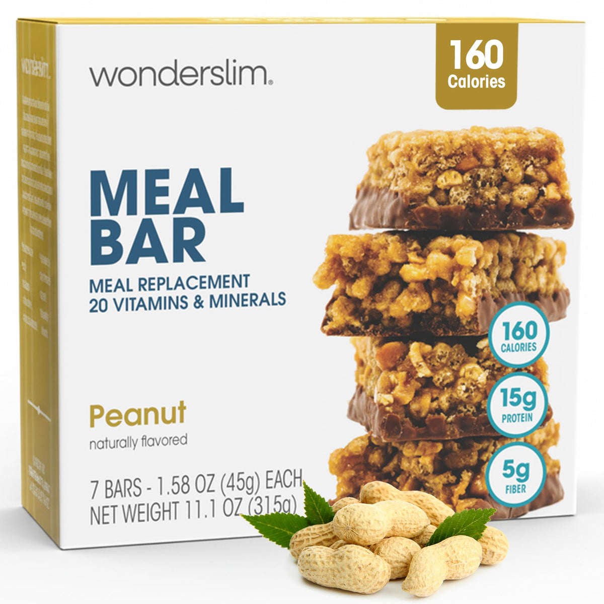 WonderSlim Meal Replacement Bar – Peanut, 15g Protein, 20 Vitamins & Minerals, Gluten Free (7ct)