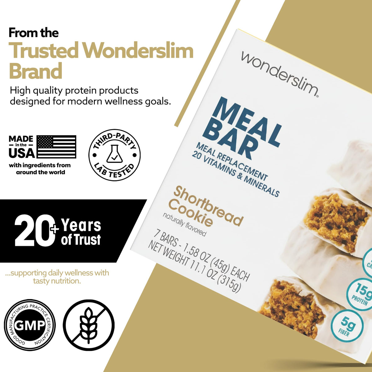 WonderSlim Shortbread Bar – 15g Protein, 20 Vitamins & Minerals, Gluten Free (7ct)