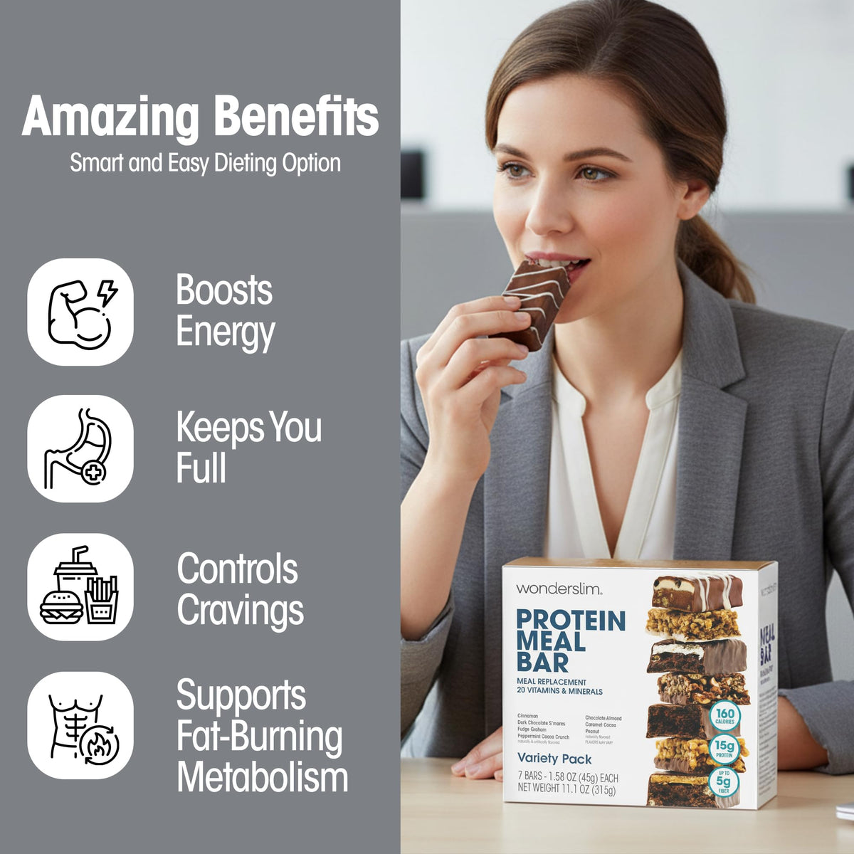 WonderSlim Meal Replacement Bar Variety Pack – 15g Protein, 20 Vitamins & Minerals (7ct)