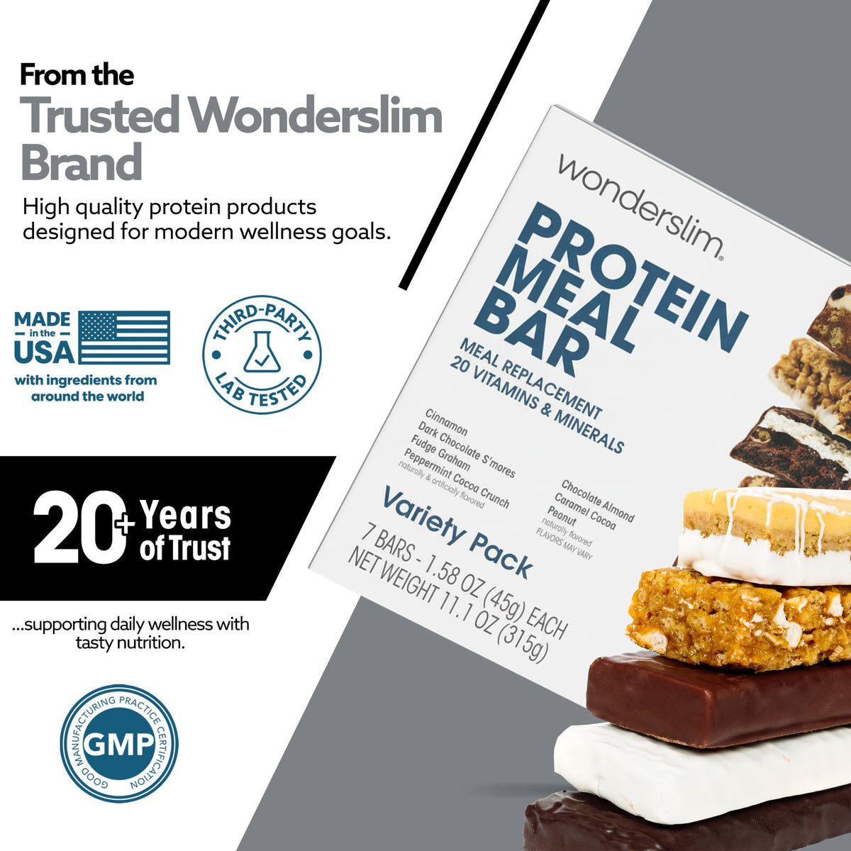 WonderSlim Meal Replacement Bar Variety Pack – 15g Protein, 20 Vitamins & Minerals (7ct)