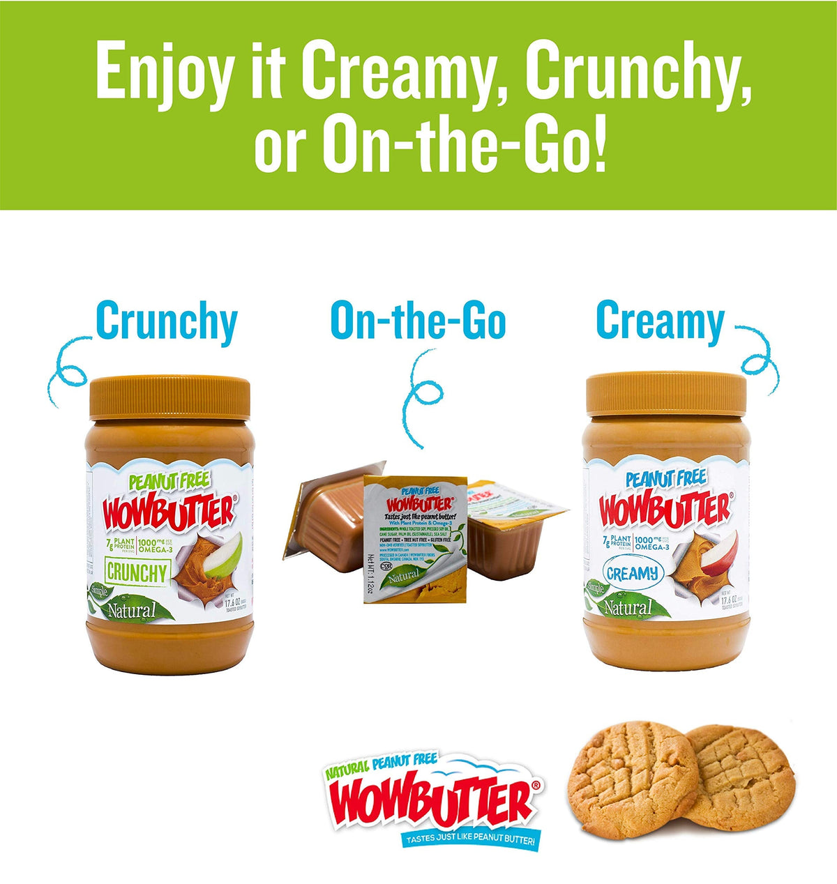WOWBUTTER - Creamy Peanut & Tree Nut Free Spread - 100 Cups (1.12 oz each) - Made With Whole Toasted Soy - Vegan, Gluten Free, Non-GMO