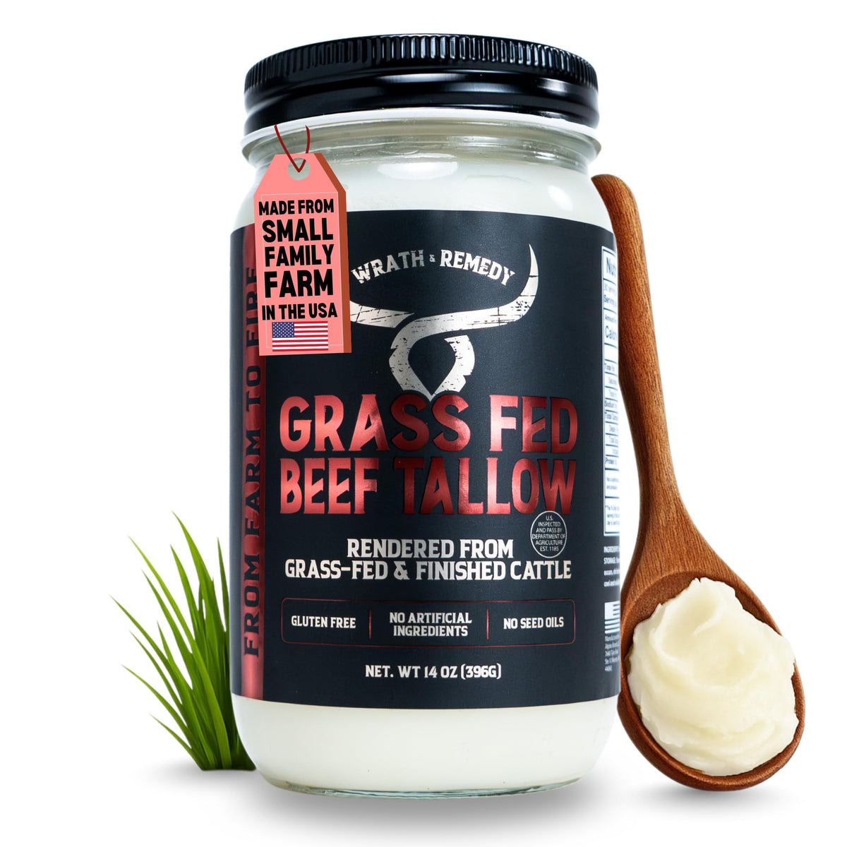 Wrath & Remedy Beef Tallow for Cooking (14 oz) – US-Made, 100% Grass-Fed & Finished, High-Heat Fat for Searing & Frying