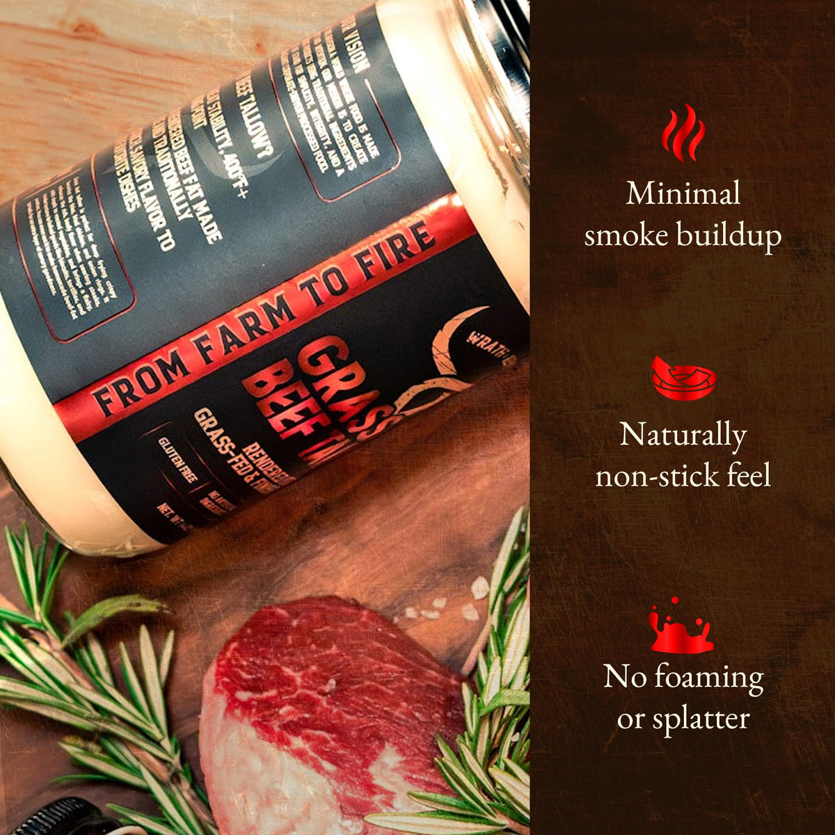 Wrath & Remedy Beef Tallow for Cooking (14 oz) – US-Made, 100% Grass-Fed & Finished, High-Heat Fat for Searing & Frying