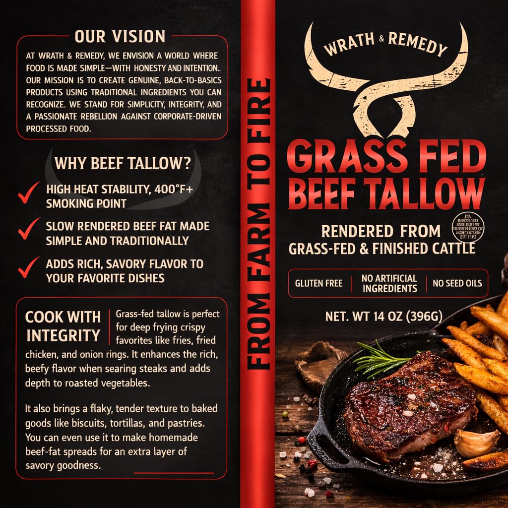 Wrath & Remedy Beef Tallow for Cooking (14 oz) – US-Made, 100% Grass-Fed & Finished, High-Heat Fat for Searing & Frying