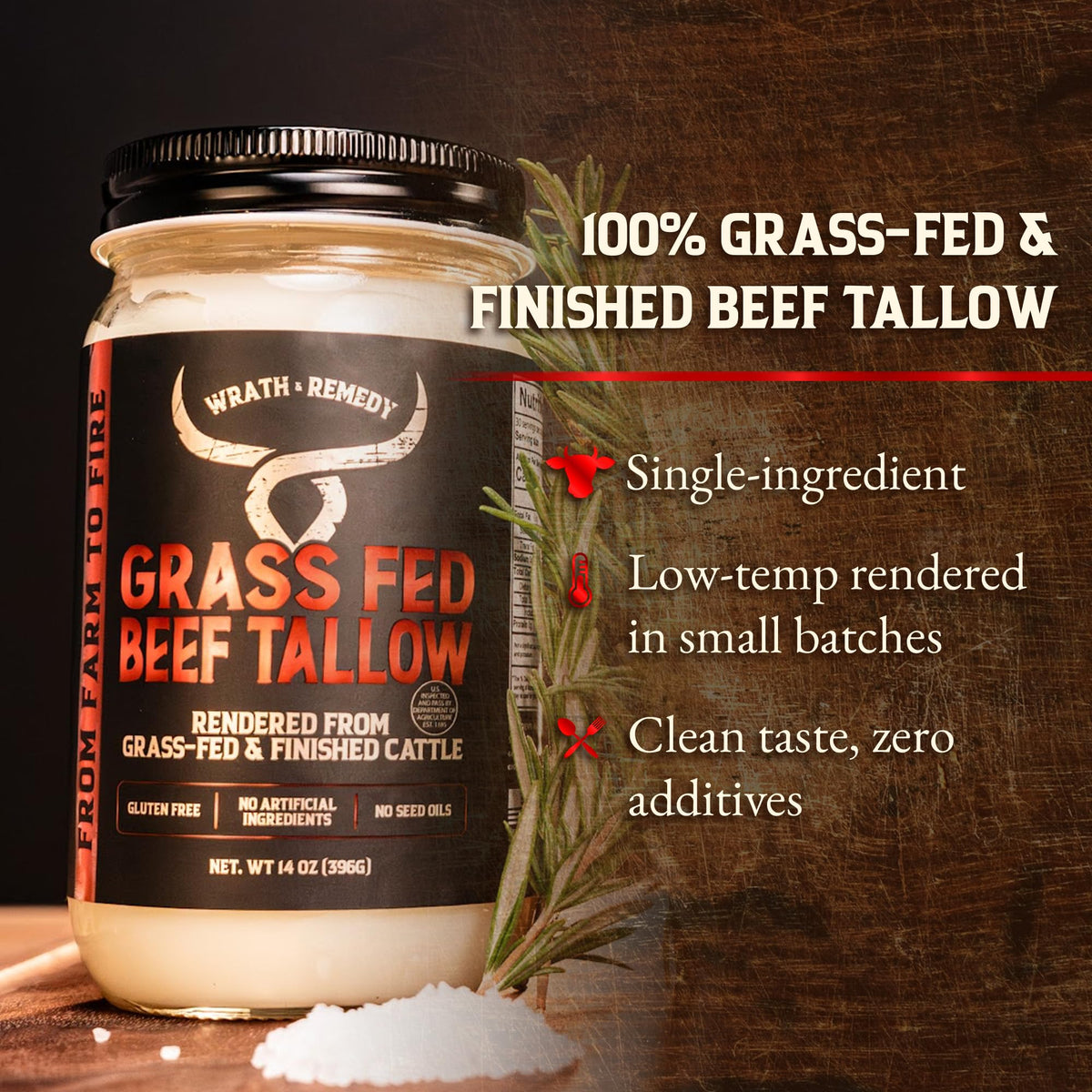 Wrath & Remedy Beef Tallow for Cooking (14 oz) – US-Made, 100% Grass-Fed & Finished, High-Heat Fat for Searing & Frying