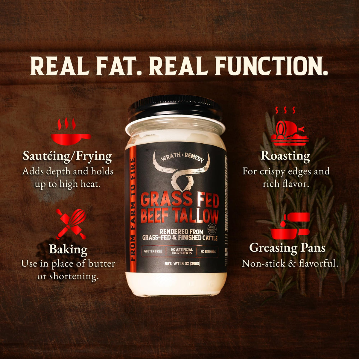 Wrath & Remedy Beef Tallow for Cooking (14 oz) – US-Made, 100% Grass-Fed & Finished, High-Heat Fat for Searing & Frying