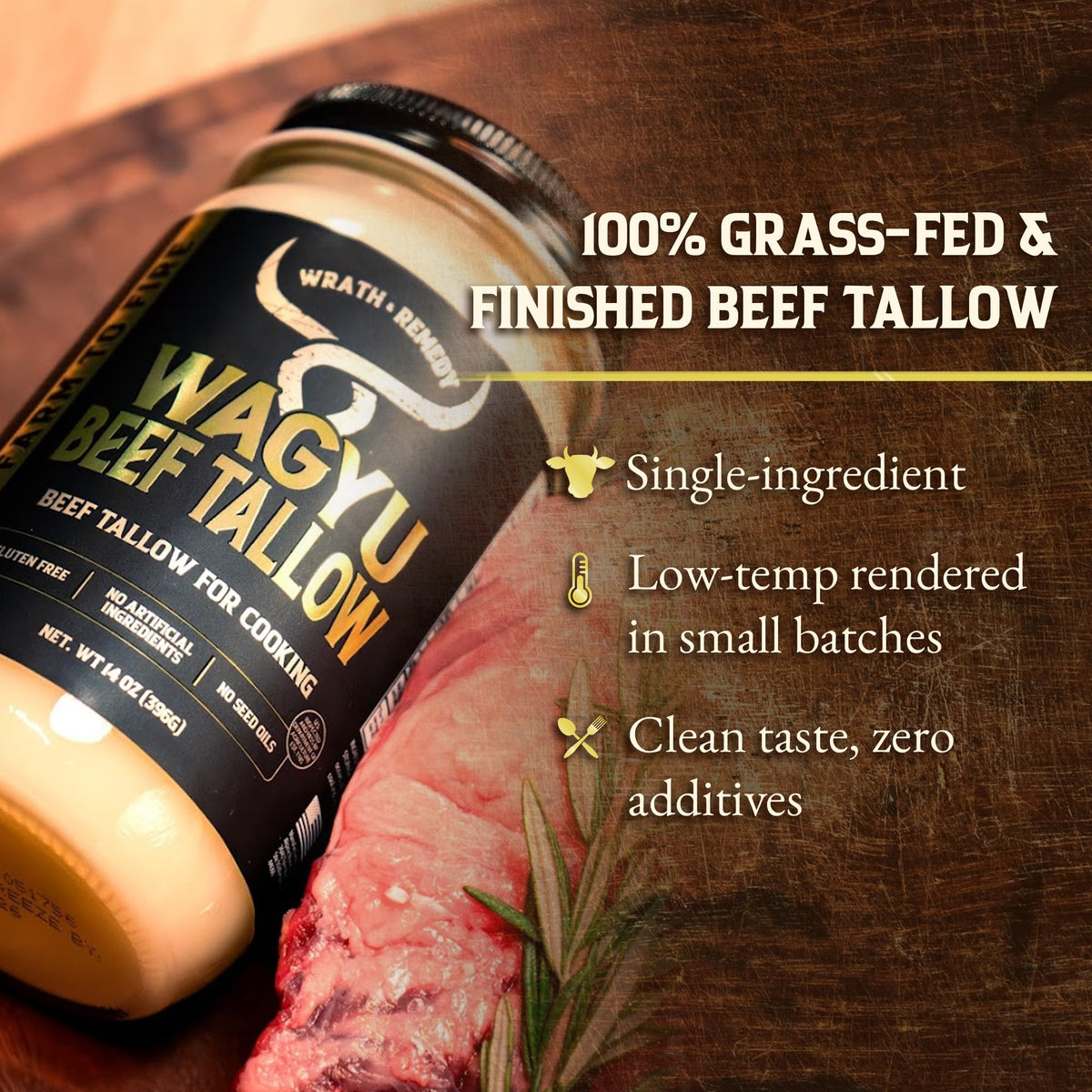 Wrath & Remedy Wagyu Beef Tallow for Cooking (14 oz) – US-Made, 100% Pure Wagyu Fat, High-Heat Premium Tallow