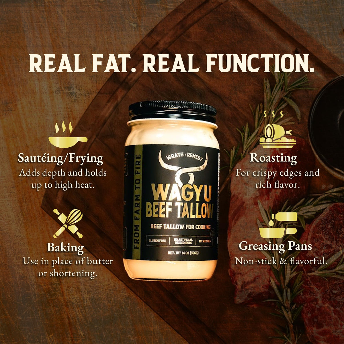 Wrath & Remedy Wagyu Beef Tallow for Cooking (14 oz) – US-Made, 100% Pure Wagyu Fat, High-Heat Premium Tallow