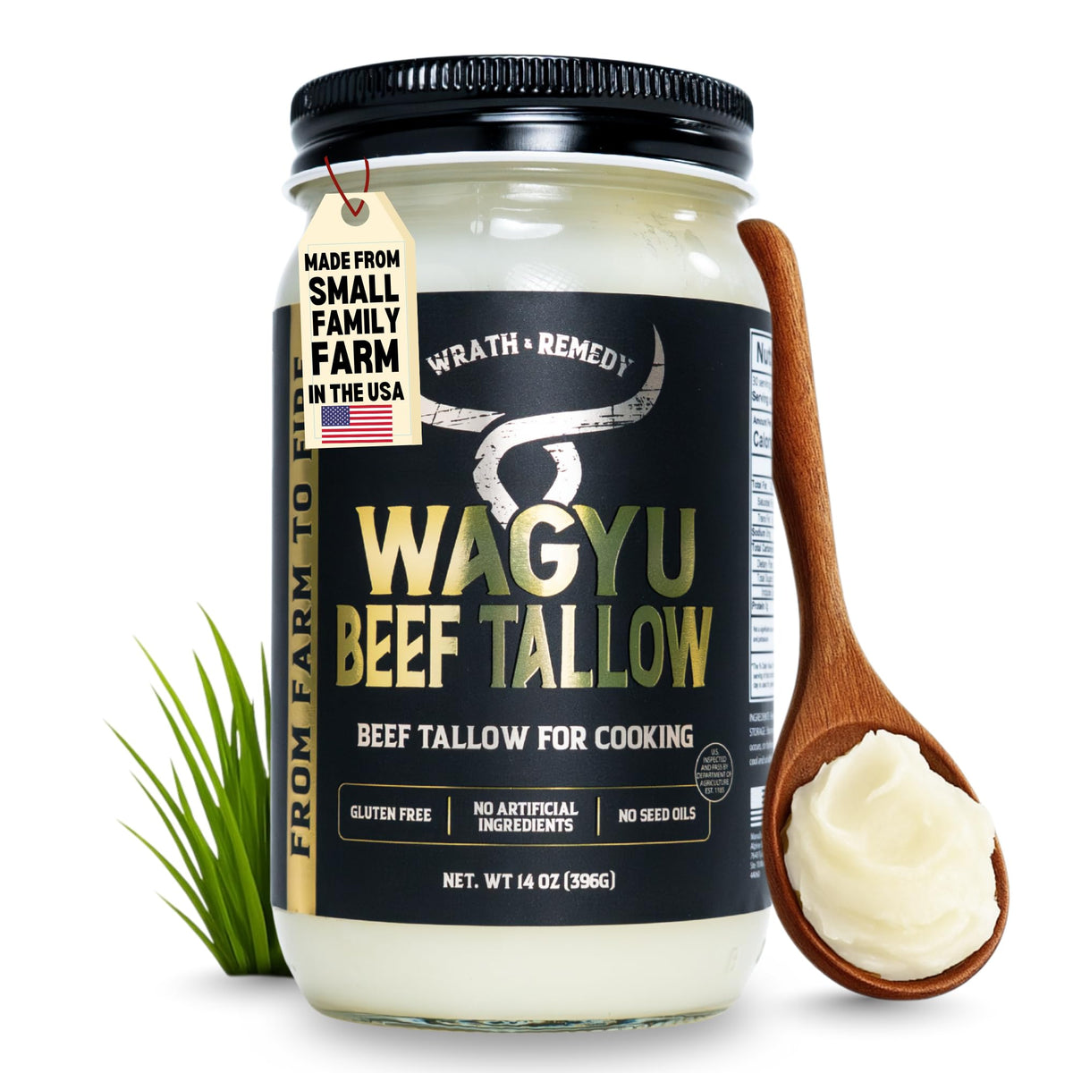 Wrath & Remedy Wagyu Beef Tallow for Cooking (14 oz) – US-Made, 100% Pure Wagyu Fat, High-Heat Premium Tallow