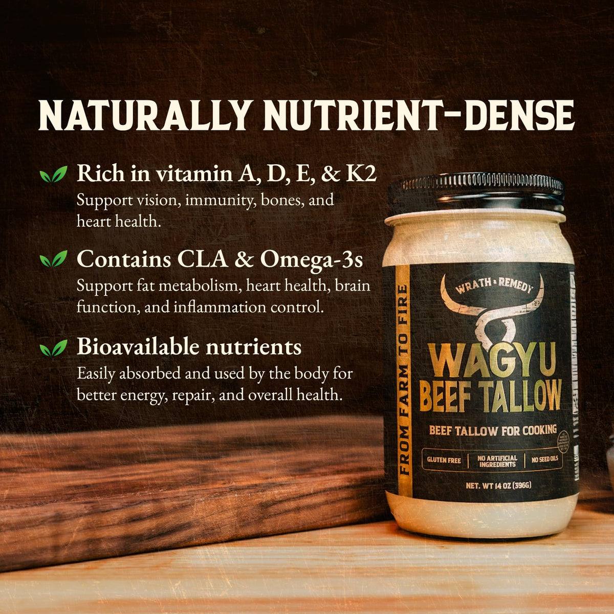 Wrath & Remedy Wagyu Beef Tallow for Cooking (14 oz) – US-Made, 100% Pure Wagyu Fat, High-Heat Premium Tallow