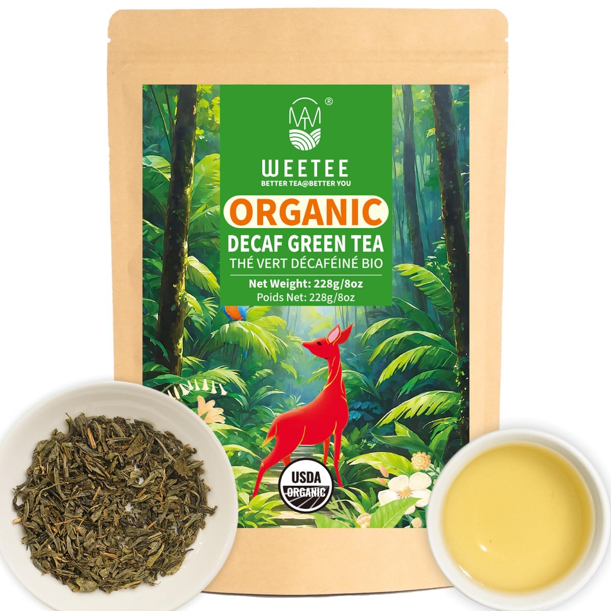 WT WEETEE Organic Decaf Green Tea Loose Leaf – CO2 Decaffeinated, 228g / 8oz, 110+ Cups