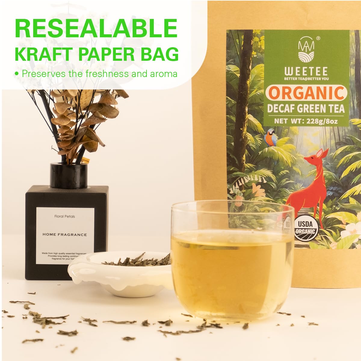 WT WEETEE Organic Decaf Green Tea Loose Leaf – CO2 Decaffeinated, 228g / 8oz, 110+ Cups