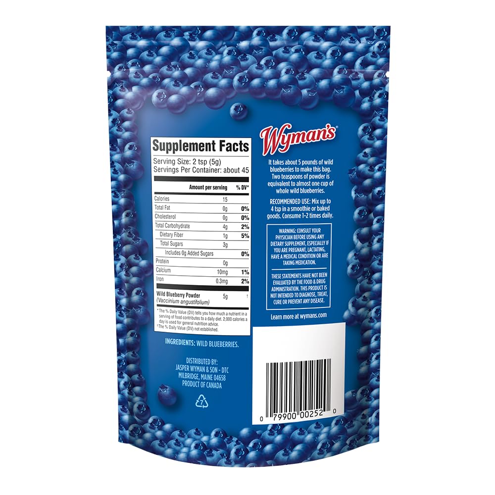Wyman’s Wild Blueberry Powder – 100% Wild Blueberries, No Sugar Added, Antioxidant-Rich, Resealable 8oz