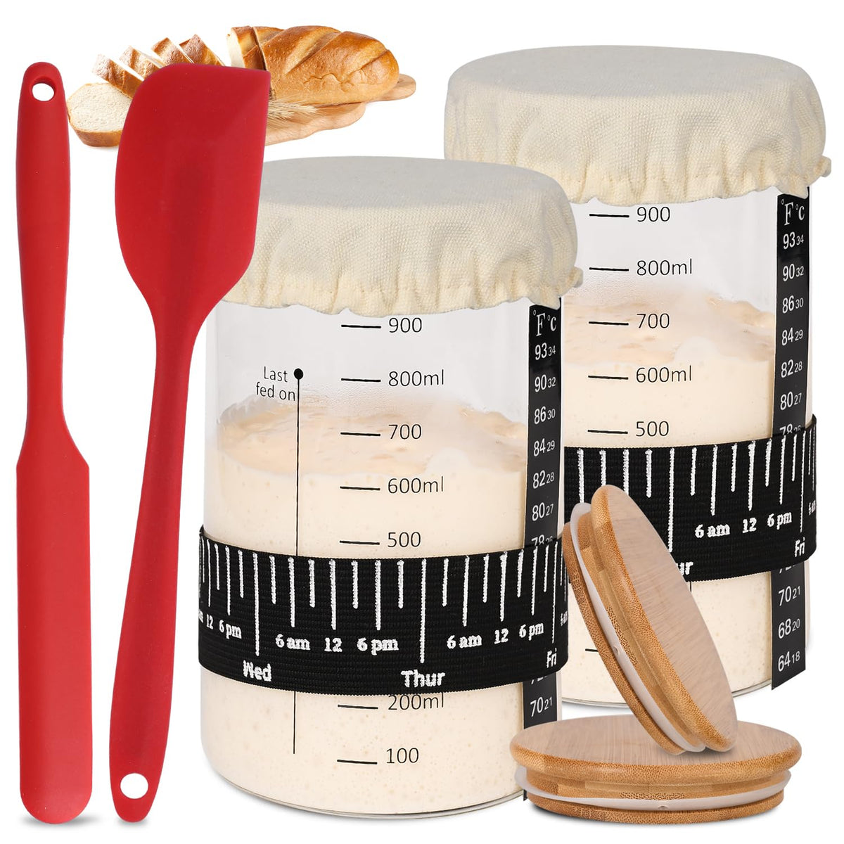 Xileanalee Pro Sourdough Starter Jar Kit – 2-Pack, 35 oz, Thermometer, Feeding Bands & Accessories