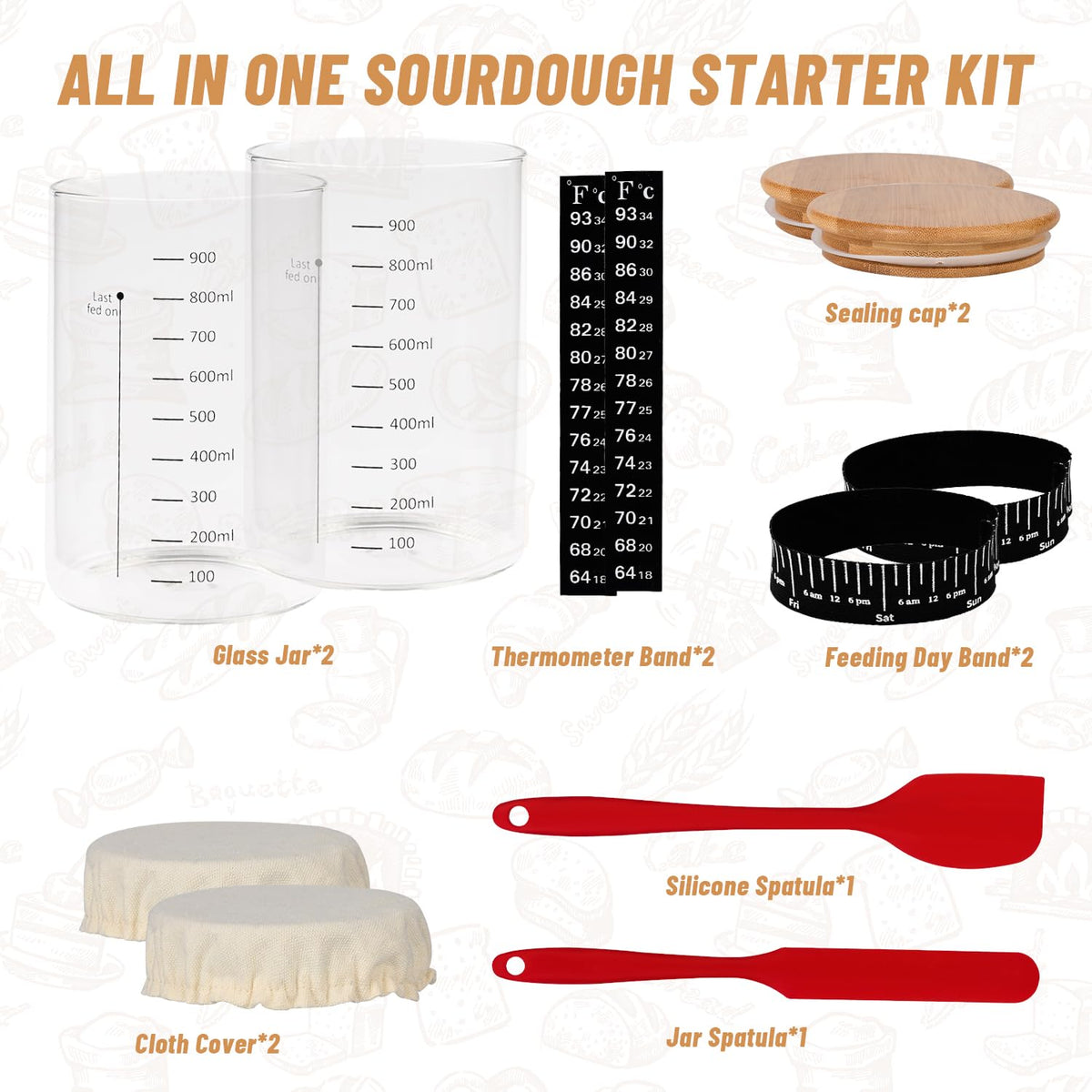 Xileanalee Pro Sourdough Starter Jar Kit – 2-Pack, 35 oz, Thermometer, Feeding Bands & Accessories