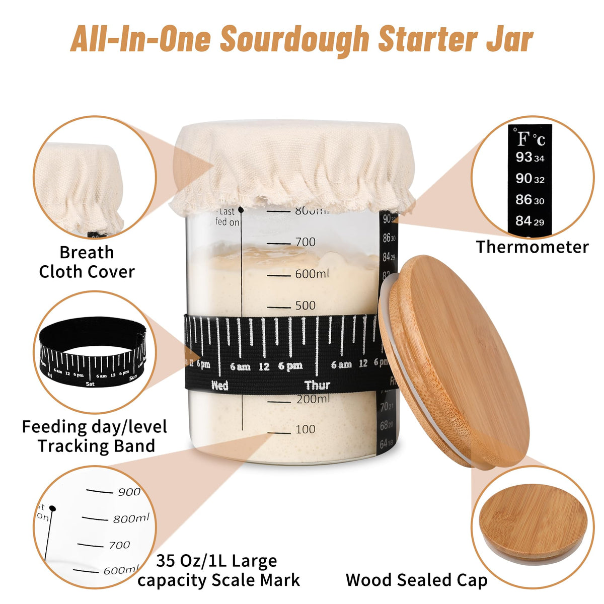 Xileanalee Pro Sourdough Starter Jar Kit – 2-Pack, 35 oz, Thermometer, Feeding Bands & Accessories