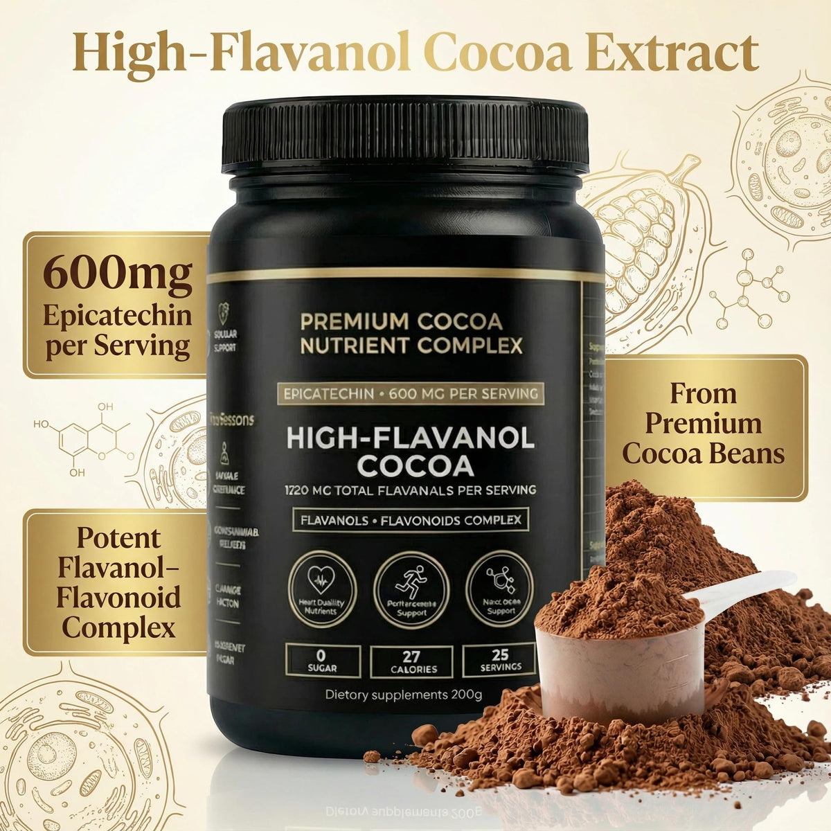 XPDGVS High Flavanol Cocoa Powder – 1200mg Flavanols & 600mg Epicatechin per Serving | 10X Concentrated Cocoa Extract