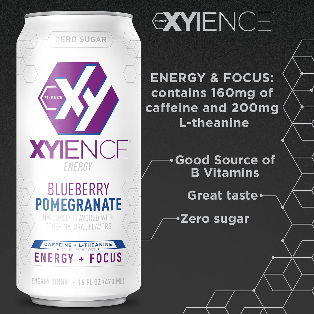 XYIENCE Blueberry Pomegranate Energy Drink – 16 oz Can (Pack of 12) | Zero Sugar, Low Calorie, Natural Flavors