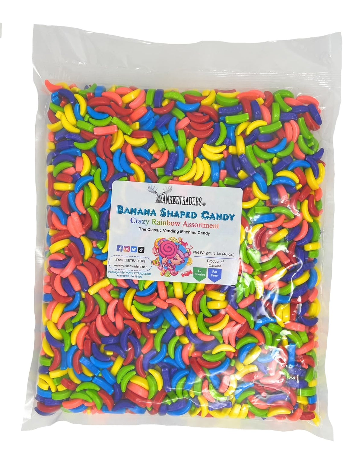 YANKEETRADERS Banana Shaped Candy – Crazy Rainbow Assortment, 3 lb Bulk