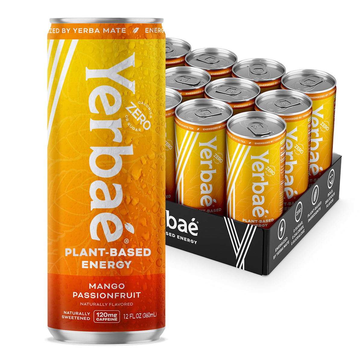 Yerbaé Mango Passion Fruit Energy Beverage — 120mg Caffeine, Zero Sugar, 12-Pack