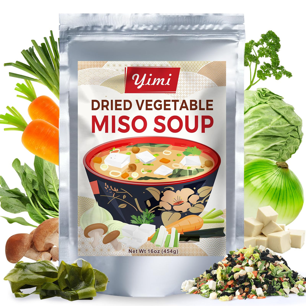 Yimi Miso Soup with Freeze-Dried Vegetables – 16 oz, Dehydrated Tofu & Wakame, Not Miso Paste